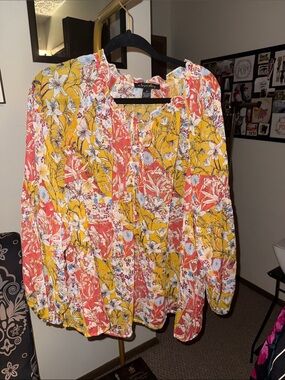 Yellow & Coral Floral Patchwork Peasant Top